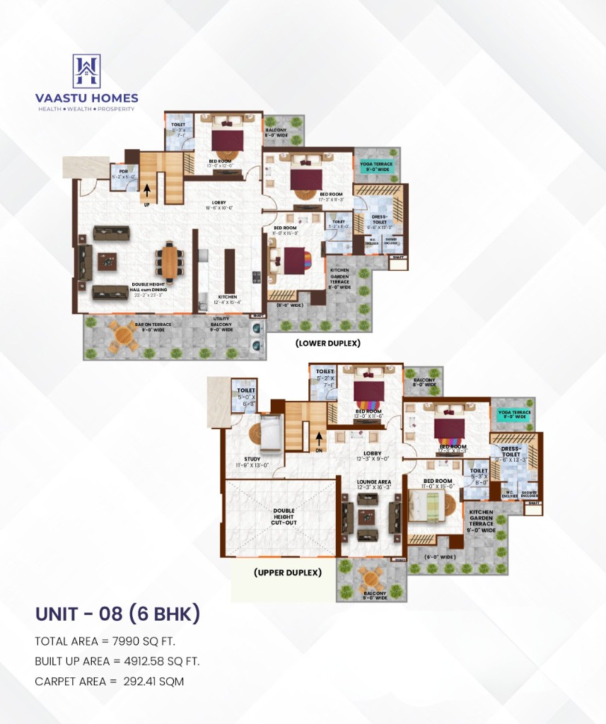 Vaastu Homes Unit 08 — 6 BHK duplex floor plan (lower and upper)